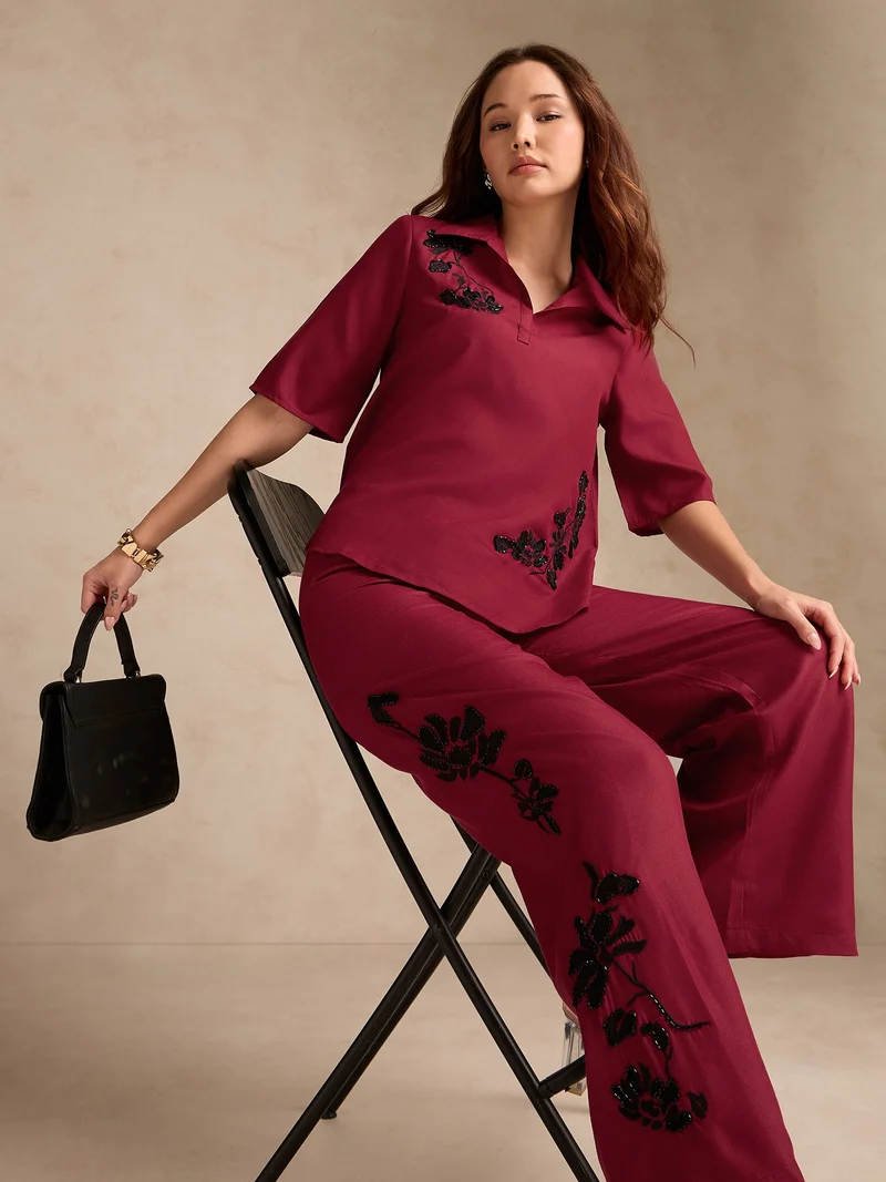 Red Coord Set With Relaxed Fit Embroidered Top & Wide Leg Trouser